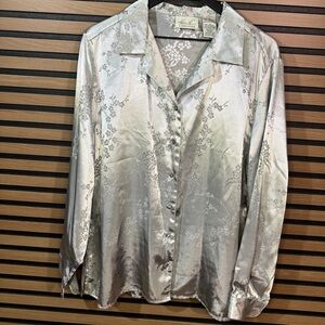 Kathie Lee Satin Floral Button-Front Blouse - Silver